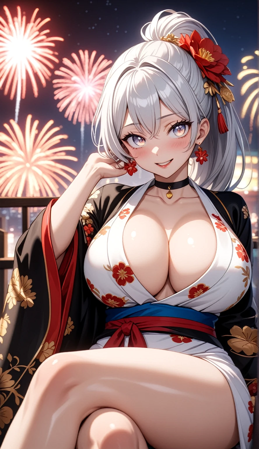 ((One personの女性)), Beautiful Face,Laughing embarrassedly,((Wink:1.7)), sit, ((crossed legs:1.4)), panty shot, Touching hair with hands,looking at viewer, Laugh with your mouth wide open,((Bright red cheeks:1.4)),Glossy Red Lips,Night view,Heights,firework,Laughing with your mouth open,Lighting on the face,((Anime style background)),masterpiece, Highest quality, so beautiful,Latest, Complex details, (Pink long nails), (ring),(bracelet),(choker),AI-generated, Complex,High resolution, Highest quality, super high quality,3D Images、3D Images,One person,Long white hair,High Ponytail,((blue eyes)),写真のポーズをとるAnime Women, ((Fine grain、Silvery white, lightly pigmented eyes、Shining Eyes:1.4)),(Squint your eyes:1.1),a hyperRealistic , hyperRealistic , Realistic,Anime Women,Smooth anime CG art, A woman in a colorful kimono with gold embroidery, (Black long sleeve kimono),Red floral pattern,Long flower hair ornament,Floral Earrings,Mature Body,(Big Breasts:1.1),Tall,Abdominal muscles,Tight waist,(Zoom up to face:1.3), (from side),