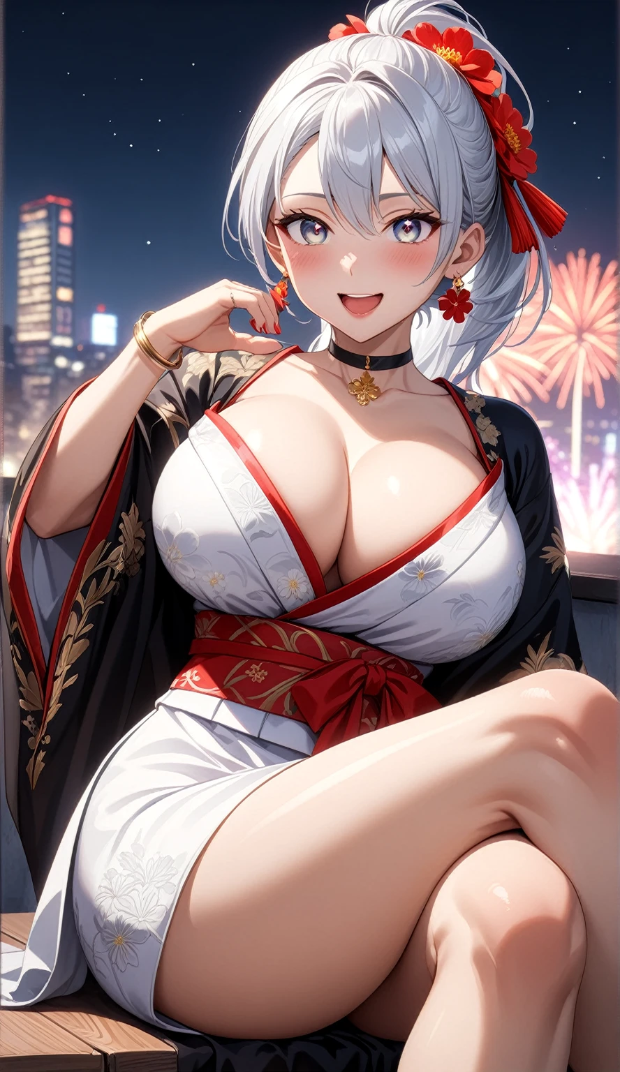 ((One personの女性)), Beautiful Face,Laughing embarrassedly,((Wink:1.7)), sit, ((crossed legs:1.4)), panty shot, Touching hair with hands,looking at viewer, Laugh with your mouth wide open,((Bright red cheeks:1.4)),Glossy Red Lips,Night view,Heights,firework,Laughing with your mouth open,Lighting on the face,((Anime style background)),masterpiece, Highest quality, so beautiful,Latest, Complex details, (Pink long nails), (ring),(bracelet),(choker),AI-generated, Complex,High resolution, Highest quality, super high quality,3D Images、3D Images,One person,Long white hair,High Ponytail,((blue eyes)),写真のポーズをとるAnime Women, ((Fine grain、Silvery white, lightly pigmented eyes、Shining Eyes:1.4)),(Squint your eyes:1.1),a hyperRealistic , hyperRealistic , Realistic,Anime Women,Smooth anime CG art, A woman in a colorful kimono with gold embroidery, (Black long sleeve kimono),Red floral pattern,Long flower hair ornament,Floral Earrings,Mature Body,(Big Breasts:1.1),Tall,Abdominal muscles,Tight waist,(Zoom up to face:1.3), (from side),