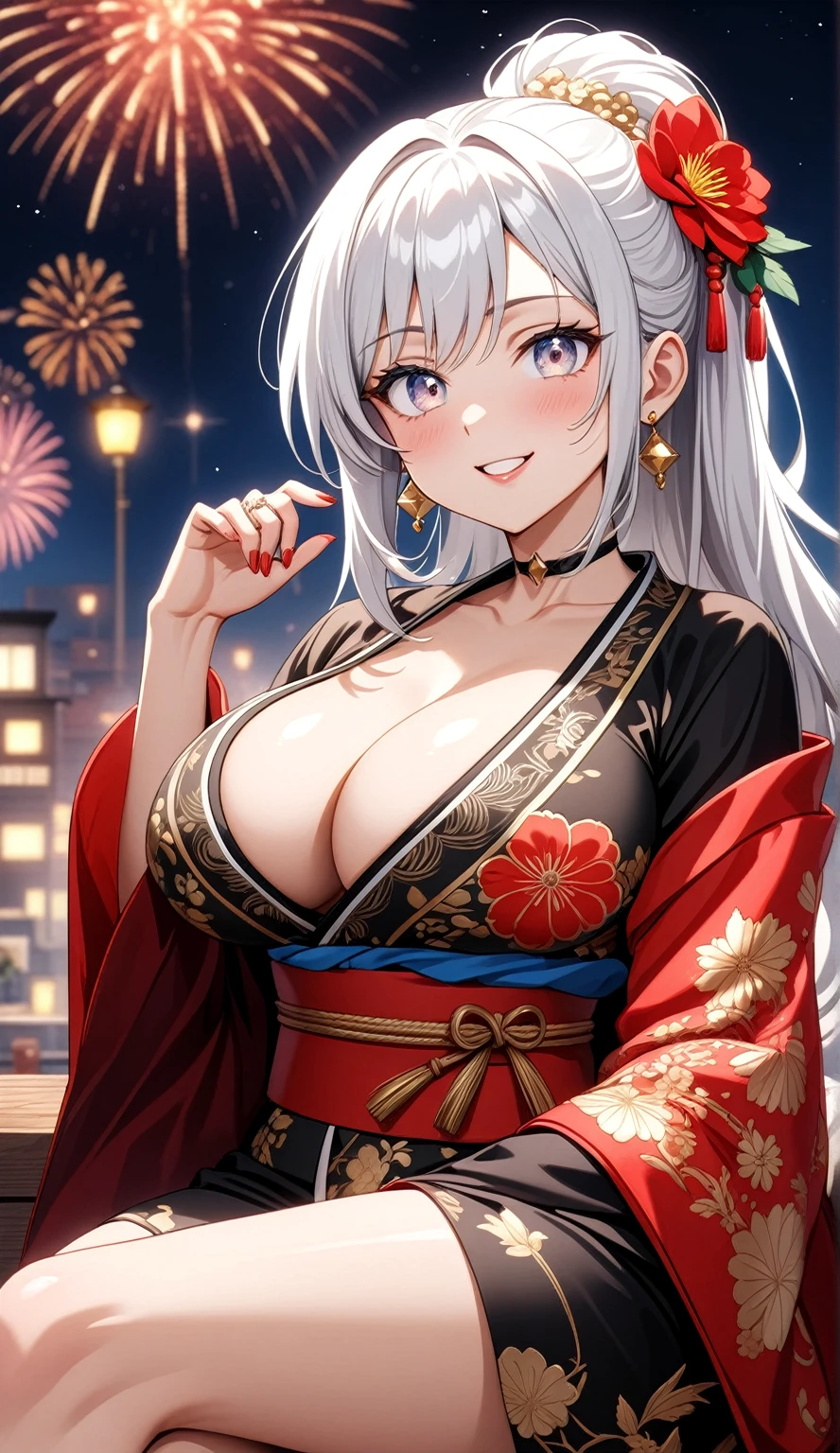 ((One personの女性)), Beautiful Face,Laughing embarrassedly,((Wink:1.7)), sit, ((crossed legs:1.4)), panty shot, Touching hair with hands,looking at viewer, Laugh with your mouth wide open,((Bright red cheeks:1.4)),Glossy Red Lips,Night view,Heights,firework,Laughing with your mouth open,Lighting on the face,((Anime style background)),masterpiece, Highest quality, so beautiful,Latest, Complex details, (Pink long nails), (ring),(bracelet),(choker),AI-generated, Complex,High resolution, Highest quality, super high quality,3D Images、3D Images,One person,Long white hair,High Ponytail,((blue eyes)),写真のポーズをとるAnime Women, ((Fine grain、Silvery white, lightly pigmented eyes、Shining Eyes:1.4)),(Squint your eyes:1.1),a hyperRealistic , hyperRealistic , Realistic,Anime Women,Smooth anime CG art, A woman in a colorful kimono with gold embroidery, (Black long sleeve kimono),Red floral pattern,Long flower hair ornament,Floral Earrings,Mature Body,(Big Breasts:1.1),Tall,Abdominal muscles,Tight waist,(Zoom up to face:1.3), (from side),