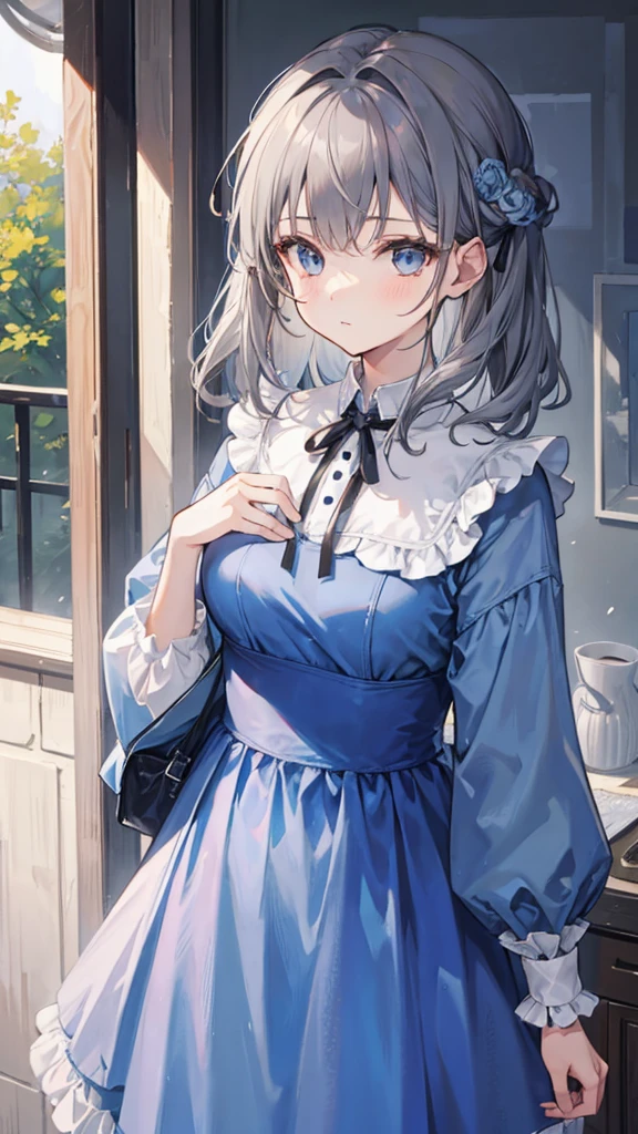 Girl with brown and blue-gray hair wearing a dress