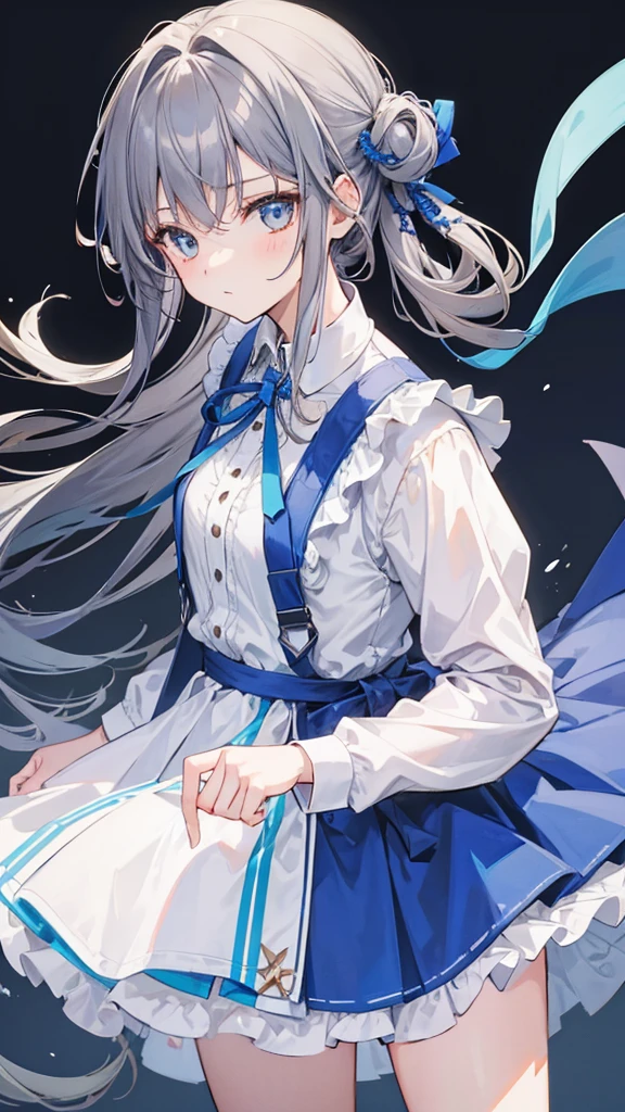 Girl with brown and blue-gray hair wearing a dress