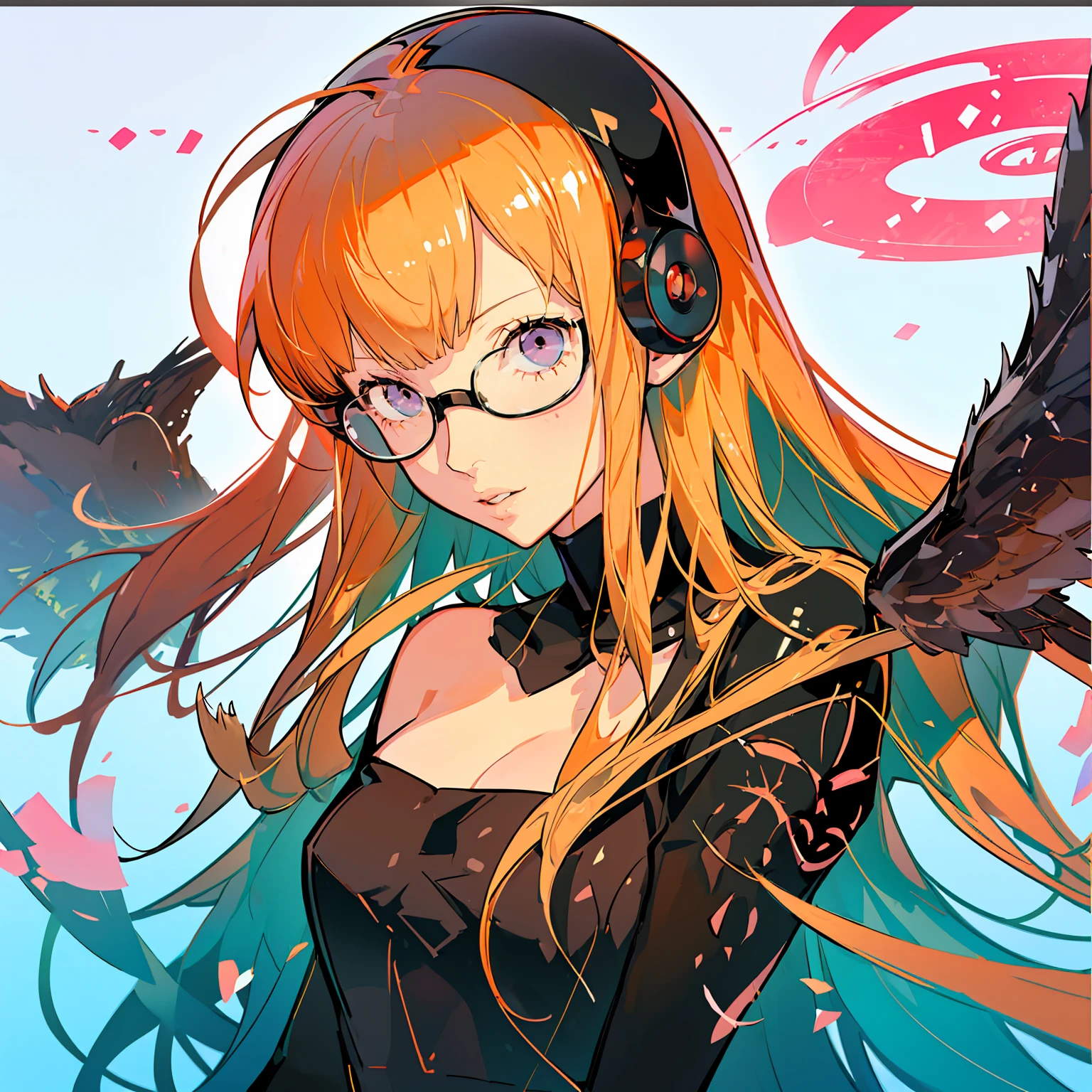 masutepiece, Best Quality, hight resolution, 1girl in, futaba sakura, Blunt bangs, eye glassesの,purple eyes , Ahoge,orange color hair、 eye glassesの, headphones, bura, Jacket, off shoulders, Fur trim, fur-trimmed jacket, Green jacket, Shorts, ,the golden hour,A smile that showed teeth、1black cat、tea shop、On the counter、Coffee、futaba sakura、Purple eyes、orange color hair、eye glasses、,​masterpiece、top-quality、Official art、illustratio、ligne claire、(Cool_Farbe)、perfect-composition、focal、acurate, Anatomically correct、 、hight resolution, Beautiful detailed glow, masutepiece*Portrait, 3D Face, Realistic, (masutepiece: 1.3), (max resolution: 1.2), (Ultra HDTV: 1.2), cinematric light, 8K resolution, phi ,​masterpiece、top-quality、Ultra Detail、(((shiny lips: 1.4)))Beautiful face, acurate, Anatomically correct, phiAlways detailed face and skin texture, Detailed eyes, Double eyelids, tThin eyebrows、 pale skin, Lustrous skin all over the body, Perfect face,Always detailed face and skin texture, Detailed eyes, Double eyelids, Thin eyebrows,Natural cheeks, Glossy skin, Fair skin: 1.2, (Glossy lips: 1.4), (((The most beautiful girl)))、(((beautiful a girl)))、（little blush）、（Beautiful face）、 Delicate and beautiful hair, Delicate and beautiful eyes and face, (Beautiful gorgeous cute western woman:1.3),)(((Very Beautiful face))))(((long lashes))))(((Circular twinkling eyes)))(((Glossy and glossy lips))) (((Cheeks with a slight reddish tinge:0.8)))(((Neat and straight nose bridge)))、(((Cowboy Shot)))crouching cowgirl,