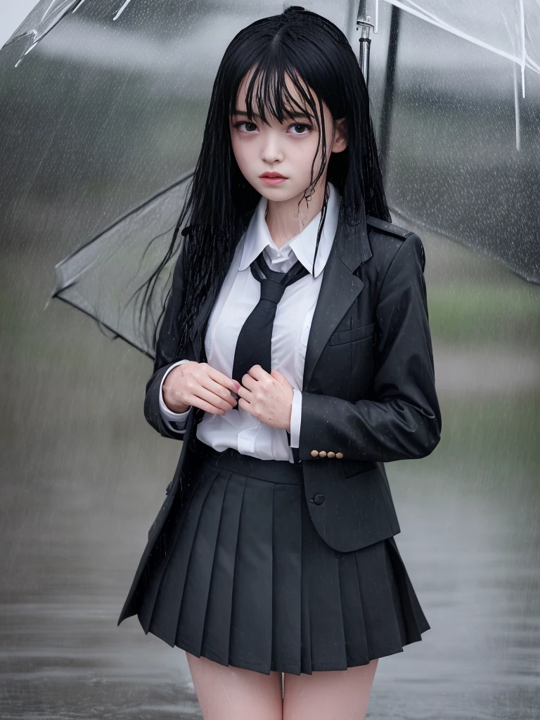Full body photo,8K,Highest quality, High resolution, masterpiece,One girl, Long black hair,Schoolgirl Uniform, shy, blush, Wet, rain, transparent, (masterpiece, Highest quality), Soft Light, Structure of the film, Cinematic Light