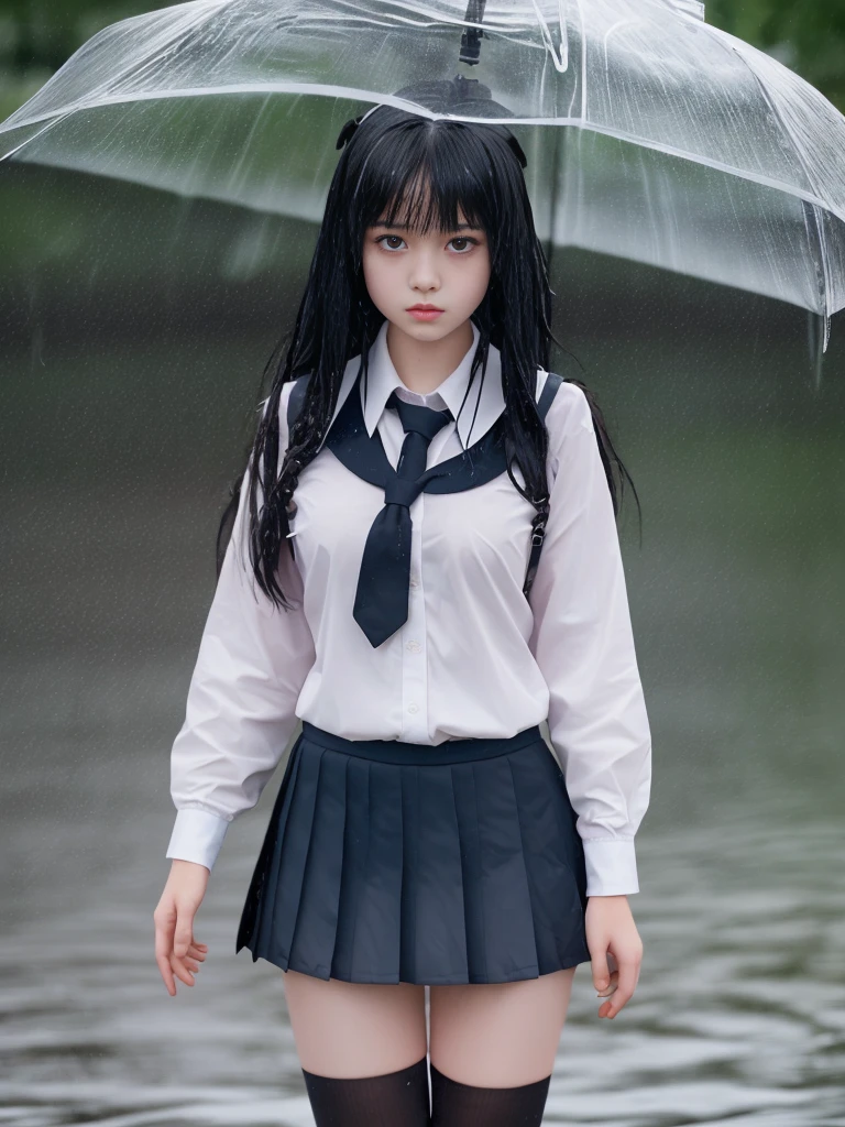 Full body photo,8K,Highest quality, High resolution, masterpiece,One girl, Long black hair,Schoolgirl Uniform, shy, blush, Wet, rain, transparent, (masterpiece, Highest quality), Soft Light, Structure of the film, Cinematic Light