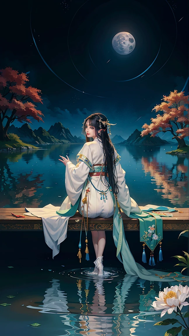Official Art, Unity 8K wallpaper, Extremely detailed, beautiful and aesthetic, masterpiece, best quality, For the world,You may be alone,But for someone,You could be the whole world, paradox, Adrian Genius, Jenny Savile, Edward Hope, Surrealism, The Dark Arts of James Jean, Takato Yamamoto, 墨water朋克极简主义, fashion magazine, Editorial Photography, gufeng, moon, Tree, Solitary, water, flower, Branches, night, Black Hair, Back to, shawl, full moon, (1 Girl), in Tree, Long hair, Sky, sit, Chinese clothes, Hanfu, crescent moon, permanent, outdoor