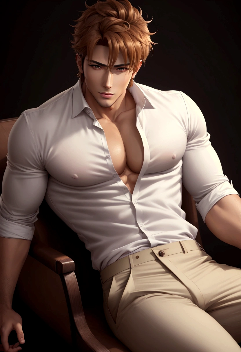 Sexy man, male in a white shirt and tan pants sitting on a chair, big chest, anime handsome man, handsome anime pose, handsome guy, male anime character, human male character art, handsome stunning realistic, anime portrait of a handsome man, clothed in white shirt, (best quality)), ((masterpiece)), (detailed)
