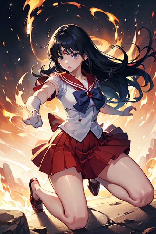 masterpiece, Highest quality, Absurd, Perfect Anatomy, One girl, alone, SM Mars, Very long hair, Parted bangs, Sailor Warrior Uniforms, Red Sailor Collar, Red Skirt, Elbow hand pockets, Get down on one knee、Sailor Warrior Uniformsが切り刻まれている、The skirt is chopped up、Crippling、Both hands tied with rope、I have a lot of injuries、engulfed in flames、Continued one-sided attacks、