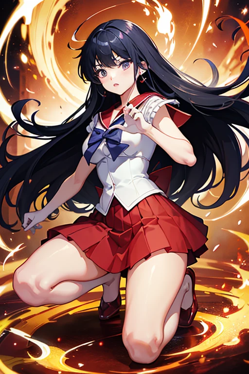 masterpiece, Highest quality, Absurd, Perfect Anatomy, One girl, alone, SM Mars, Very long hair, Parted bangs, Sailor Warrior Uniforms, Red Sailor Collar, Red Skirt, Elbow hand pockets, Get down on one knee、Sailor Warrior Uniformsが切り刻まれている、The skirt is chopped up、Crippling、Both hands tied with rope、I have a lot of injuries、engulfed in flames、Continued one-sided attacks、