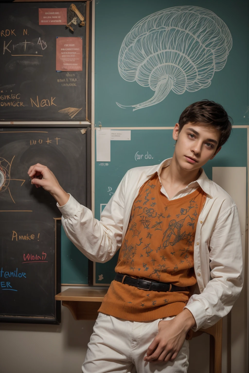 A beautiful young man, a cute male twink, with black hair, a face with reddish make-up, wearing a bright white long-sleeved shirt and aqua blue pants. He is in his office, and behind him is a blackboard on which is written the shape of the brain and its anatomy, and nuclear energy comes out of it, and he looks on proudly.