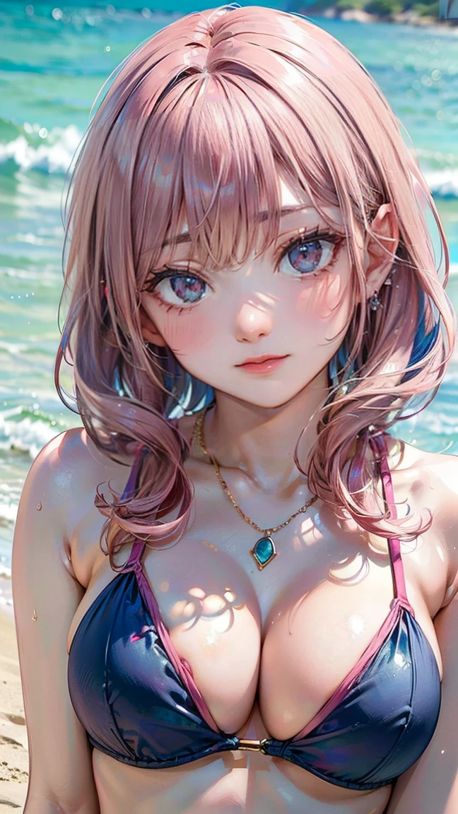 (Masterpiece, BestQuality:1.3), (ultra detailed:1.2), (hyperrealistic:1.3), (RAW photo:1.2), High detail RAW color photo, professional photograph, (Photorealistic:1.4), (realistic:1.4), (Pink Hair:1.5), professional lighting, perfect , (:1.2), (blush, detailed face), (cheerful Smile:1.5), Trending Hair&Trending Hairカラーをランダムに, earrings, necklace, bracelet, sexly,  sexly, Random  gravure poses, (A woman in a blue bikini、She is posing  on the beach with a happy smile。Pink Hairのポニーテールが揺れている。:1.3)