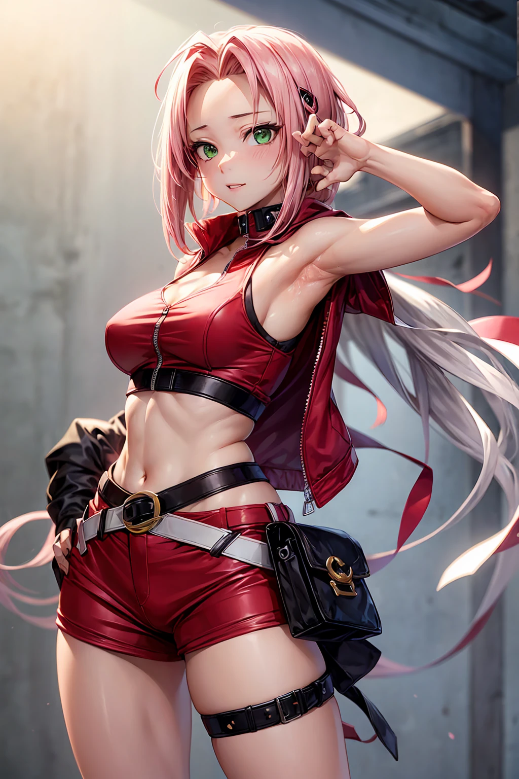 sakura haruno, sleeveless, red jacket, forehead protector, konohagakure symbol, arms behind head, armpits, showing armpits, posing, green eyes, perfect proportions, sakura shippuden(((((Sexy body)))),((((sexy pose))))