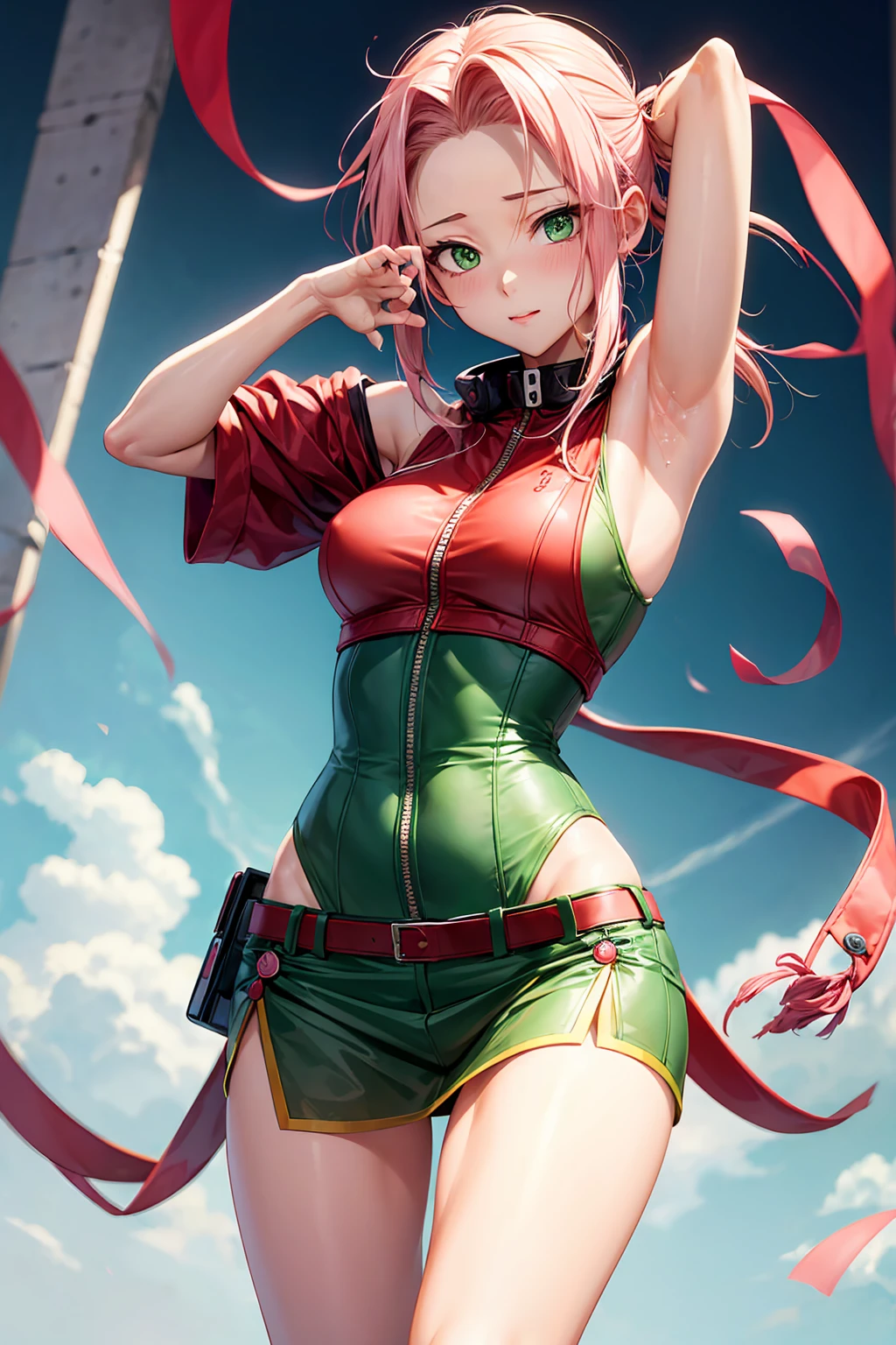 sakura haruno, sleeveless, red jacket, forehead protector, konohagakure symbol, arms behind head, armpits, showing armpits, posing, green eyes, perfect proportions, sakura shippuden(((((Sexy body)))),((((sexy pose))))