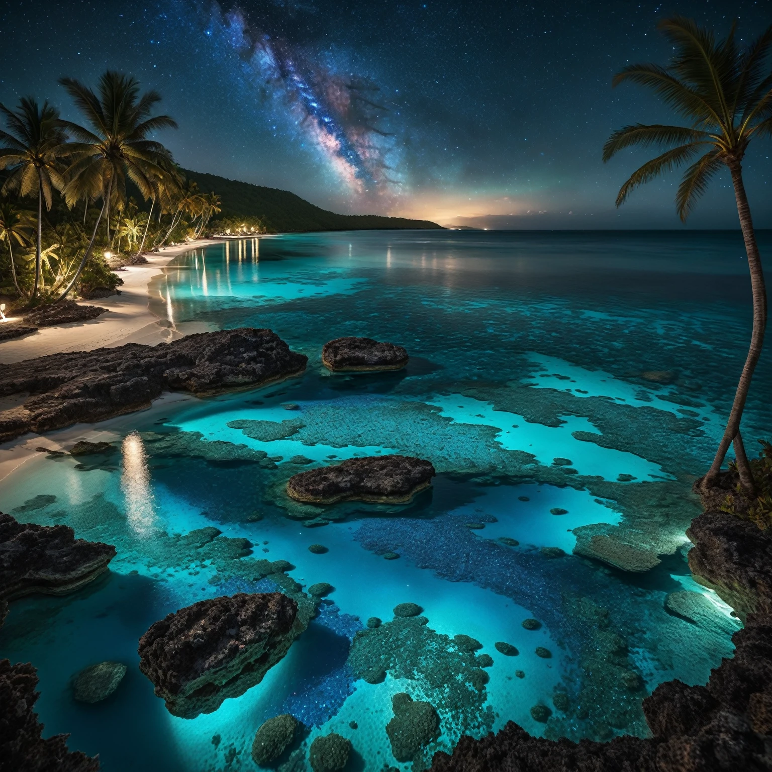 On a dark night lit by the moon, from a high vantage point, observe a turquoise blue lagoon stretching to the horizon. To the left, a beach lined with palm trees nestles under an endless crystal-clear turquoise blue lagoon with detailled huge luminescent barrier reef, luminescent fishes and jellyfishes are revealed in detail, animated by delicate waves. In the sky, a swirling galaxy evolves into a giant blue eye, more detailed and majestic, set against a starry sky adorned with nebulae and cosmic dust.. The bright reflections of this blue eye and the starry sky intensely mirror on the water’s surface. ((Along the shore, a blonde woman with long, flowing hair, dressed in a finely detailed transparent gown that seems woven from celestial fabric, stands upright, absorbed by the wonders of the universe)). peaceful atmosphere, very saturated colors, glowing four-dimensional, HDR, the best quality, elegant, fantasy, intricate, 8k, beautiful, high detail, award winning, fantastic view, high definition, crisp, quality, colourful, hdr, cinematic, postprocessing, top view, beautiful, turquoise blue ocean, beautiful reflections, good water clarity, beautiful colors.
