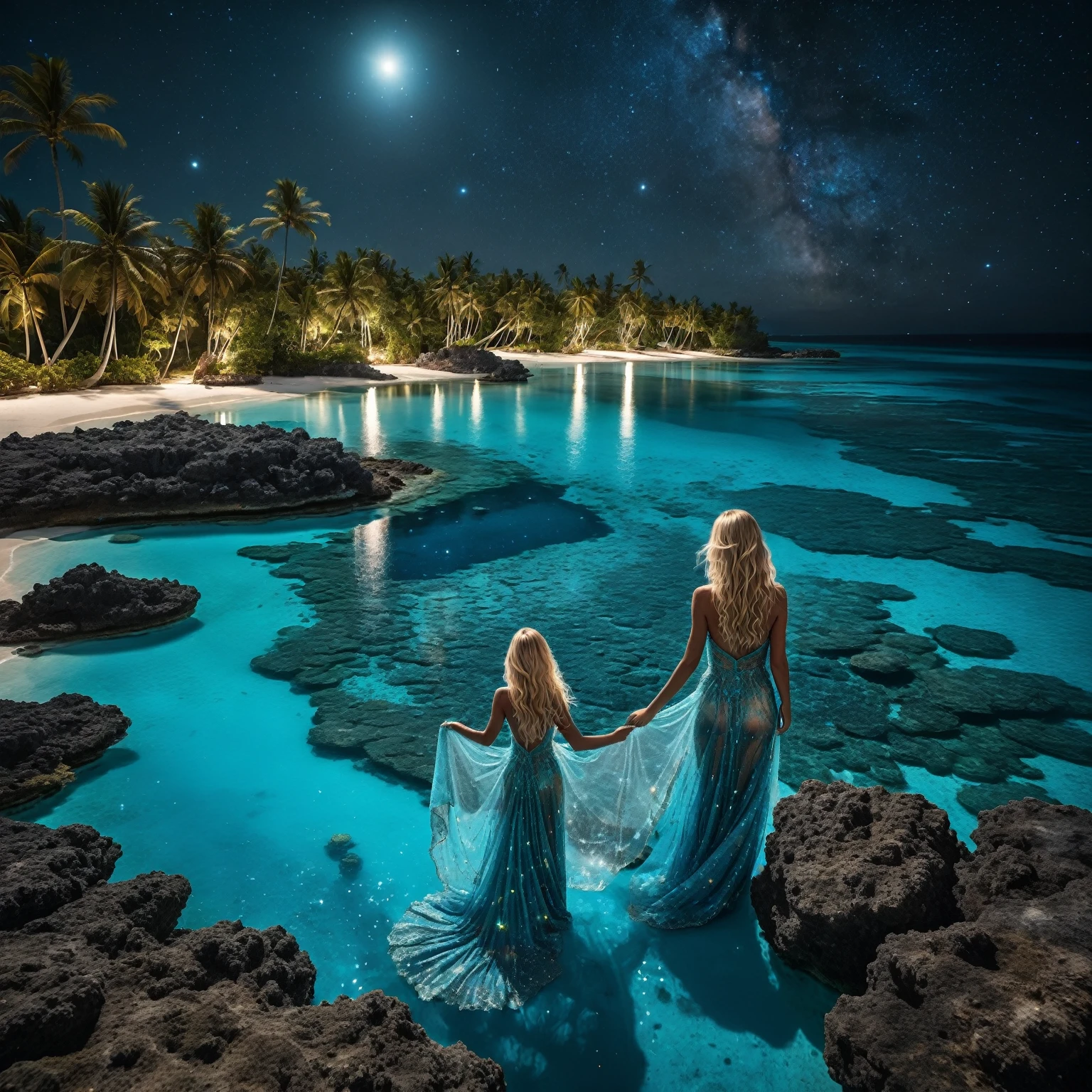 On a dark night lit by the moon, from a high vantage point, observe a turquoise blue lagoon stretching to the horizon. To the left, a beach lined with palm trees nestles under an endless crystal-clear turquoise blue lagoon with detailled huge luminescent barrier reef, luminescent fishes and jellyfishes are revealed in detail, animated by delicate waves. In the sky, a swirling galaxy evolves into a giant blue eye, more detailed and majestic, set against a starry sky adorned with nebulae and cosmic dust.. The bright reflections of this blue eye and the starry sky intensely mirror on the water’s surface. ((Along the shore, a blonde woman with long, flowing hair, dressed in a finely detailed transparent gown that seems woven from celestial fabric, stands upright, absorbed by the wonders of the universe)). peaceful atmosphere, very saturated colors, glowing four-dimensional, HDR, the best quality, elegant, fantasy, intricate, 8k, beautiful, high detail, award winning, fantastic view, high definition, crisp, quality, colourful, hdr, cinematic, postprocessing, top view, beautiful, turquoise blue ocean, beautiful reflections, good water clarity, beautiful colors.
