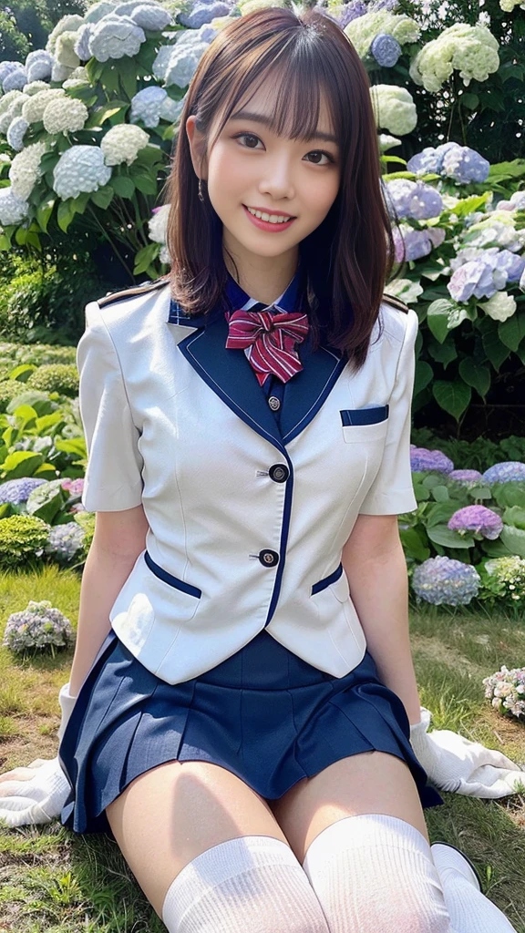 (8k, Raw photo, highest quality, masterpiece:1.2), masterpiece, highest quality, figure, Very detailed, Fine details, High resolution, 8k,wallpaper, Perfect dynamic composition,(Detailed high quality, Realistic depiction of eyes:1.15), (1 high school girl)、 (uniform、blazer 、Super Short Check Uniform Skirt、Navy blue knee-high socks、Disheveled uniform:1.2), Short Bob Hair, Black hair color, hugeな胸, Big Natural Color Lip, Bold sexy pose, (Perfect figure), Cold Stare,  Beautiful Makeup,Glitter makeup,The cutest 18 year old, Beautiful feet, Gravure idol pose, Voluptuous thighs、((Big eyes that shine like jewels))、Glossy glossy skin、(Droopy eyes, Natural Makeup、Ultra-high definition beauty face:1.35)、(Ultra high resolution perfect beautiful teeth, Mid-chest, Tight waist, toothy big smile,duck mouth,Dimples,medium breasts,slender waist:1.15)、Young and cute gravure idol、(sitting with spreading legs in the field of hydrangeas:1.25)、