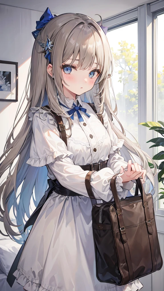 Girl with light brown and bluish gray hair wearing a dress