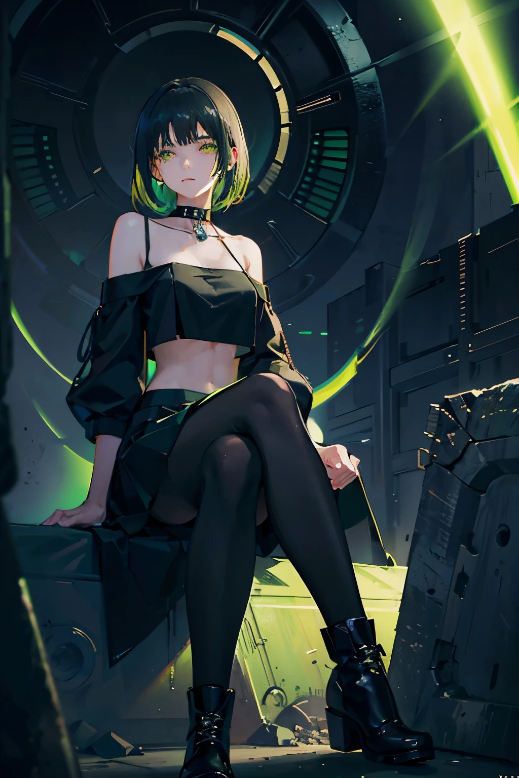 a neko girl with short green and black hair, wearing a black off-shoulder top, a green top underneath, a skirt, and boots, with a toxic green theme, detailed face and eyes, 1girl, intricate details, highly detailed, cinematic lighting, digital art, concept art, vibrant colors, atmospheric, mystical, dark fantasy
