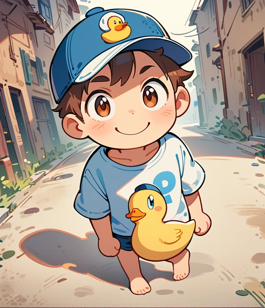 Cartoon illustration,simple,Depicts an anthropomorphic duck, duck boy,Brown eyes,Single tail, and p cap, male, short, Smile, Eyes half closed, Reverse p cap wearing,Masterpiece, high resolution,8K,(((solo))),(T-Shirt,barefoot:0.6),Looking at the audience,Viewing angle,Handsome expression,