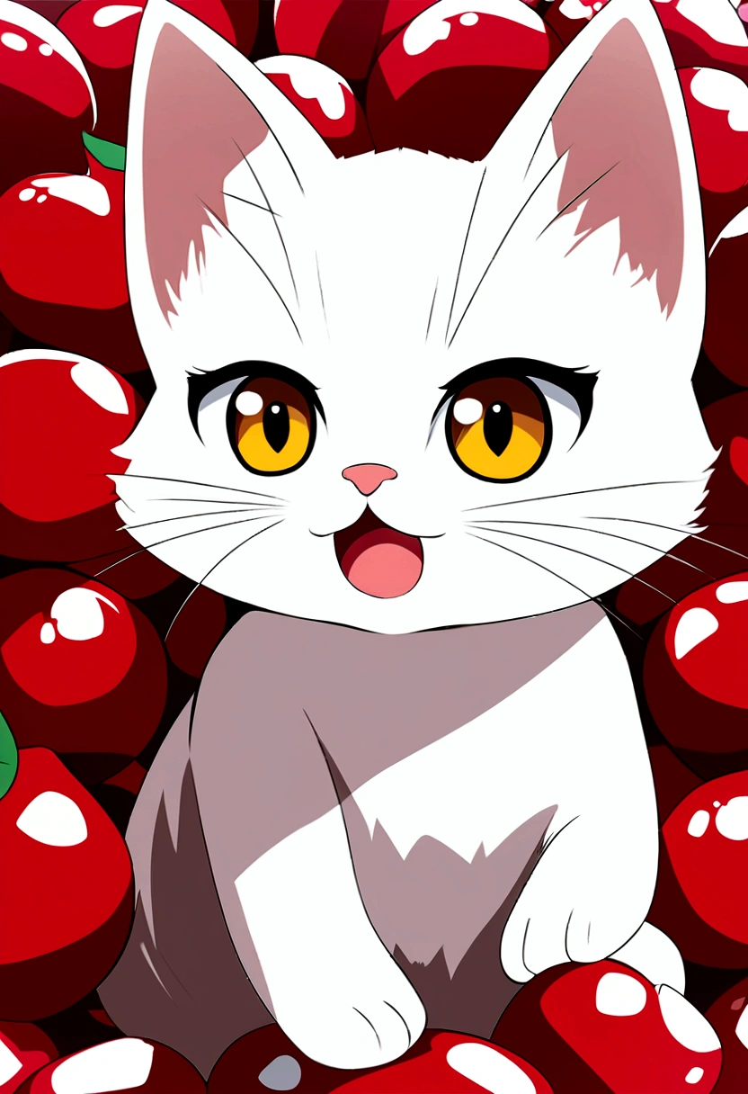 Cute vector illustration of a kitten with cherries, Anime style, M Jenny Style, Digital Implicationsn, Nearly perfect, Very detailed, Smooth, Focus, Implications, 4K resolution
