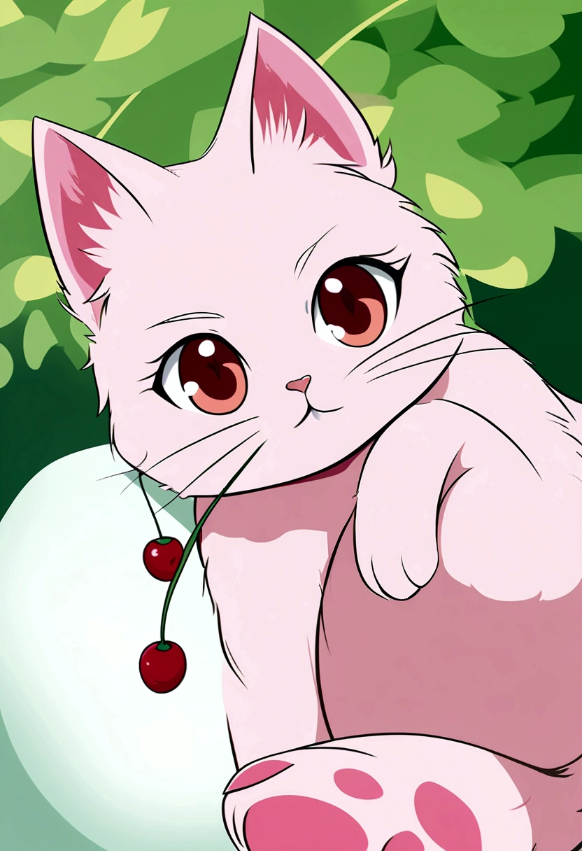 Cute vector illustration of a kitten with cherries, Anime style, M Jenny Style, Digital Implicationsn, Nearly perfect, Very detailed, Smooth, Focus, Implications, 4K resolution