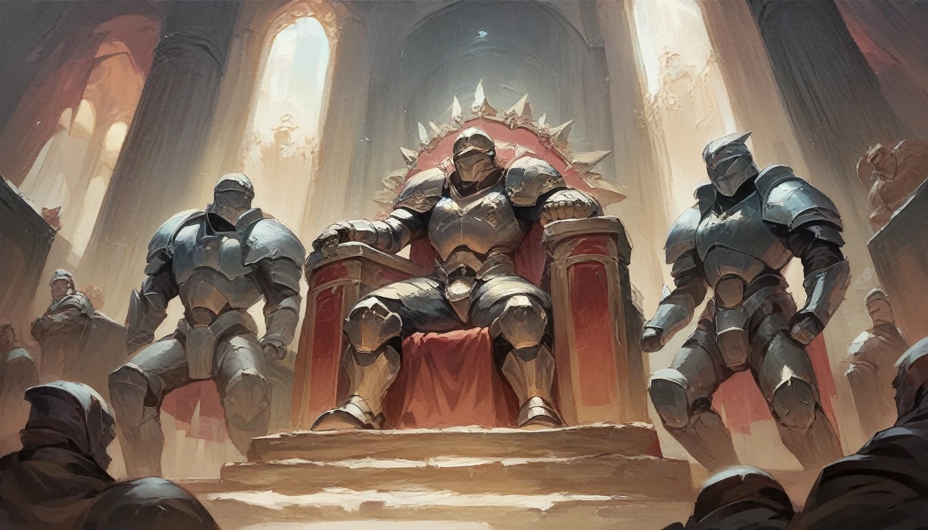 a spartan warrior with a helm is sitting on a throne, below him there are women and men kneeling, dynamic poses