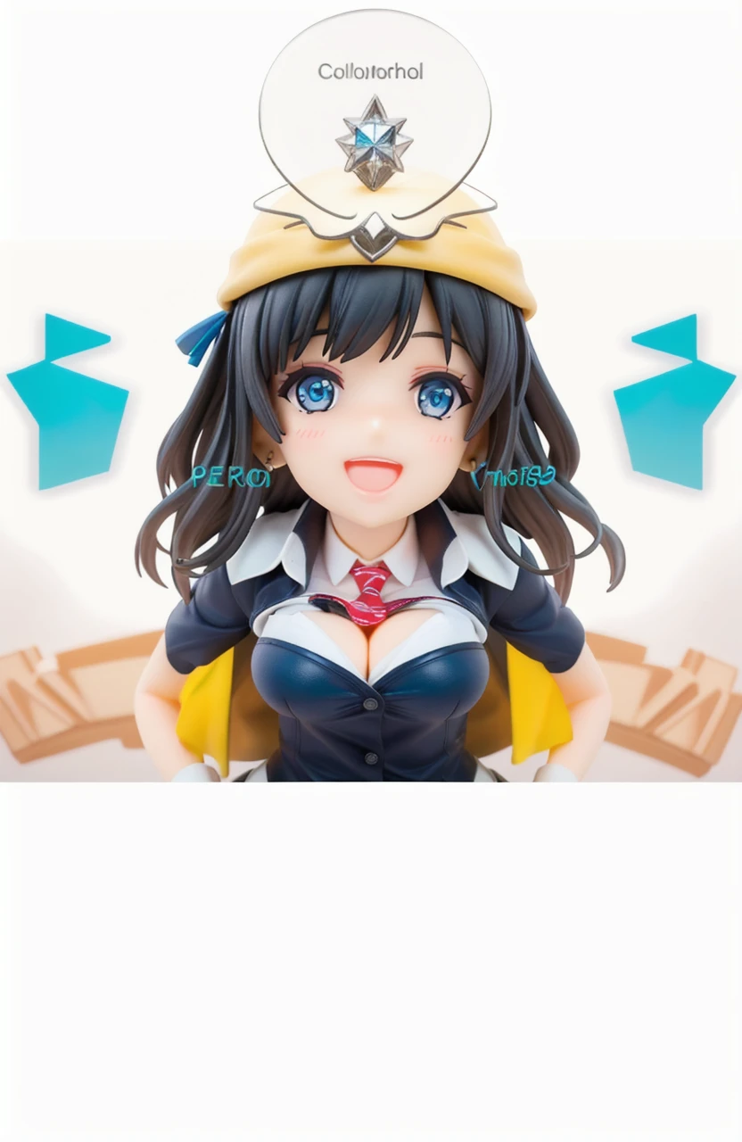 (masterpiece), (best quality), (ultra-detailed), photorealistic, (best illustration), (an extremely delicate and beautiful), 1girl, solo, riselia-fi, leaning forward, (huge breasts), depth of field, upper body, (blue eyes), hair ribbon, red ribbon, long hair,white shirt, blue jacket, collared shirt, blue skirt, black necktie, , (pov), smile, open mouth, happy, blush, bent over, from below, blue sky, bokeh, detailed scenery, skyscraper, upper teeth, earrings,