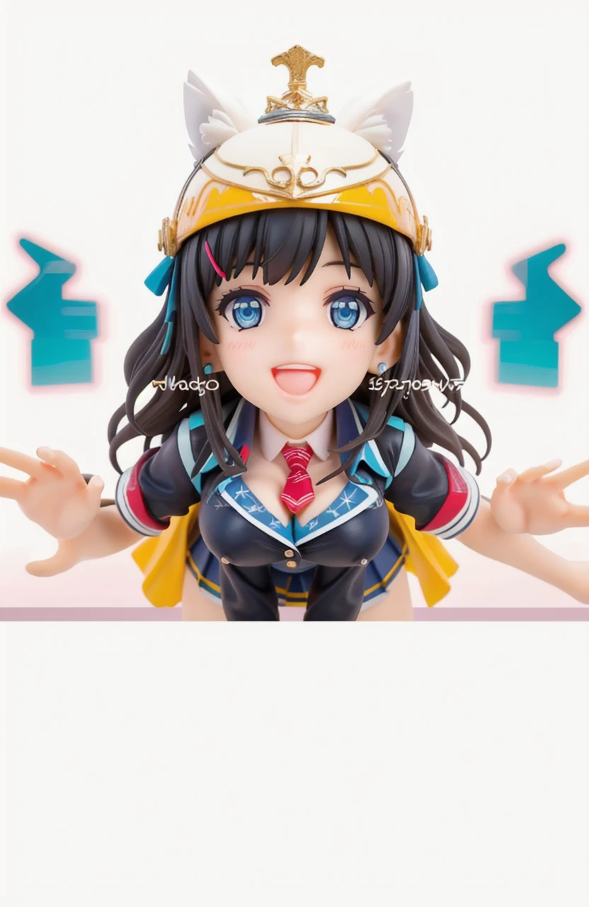 (masterpiece), (best quality), (ultra-detailed), photorealistic, (best illustration), (an extremely delicate and beautiful), 1girl, solo, riselia-fi, leaning forward, (huge breasts), depth of field, upper body,  (blue eyes), hair ribbon, red ribbon, long hair,white shirt, blue jacket, collared shirt, blue skirt, black necktie, , (pov), smile, open mouth, happy, blush, bent over, from below, blue sky, bokeh, detailed scenery, skyscraper, upper teeth, earrings,