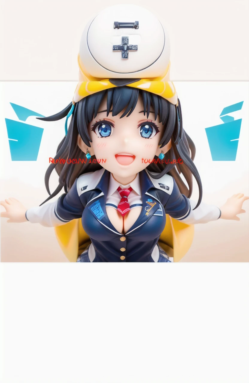 (masterpiece), (best quality), (ultra-detailed), photorealistic, (best illustration), (an extremely delicate and beautiful), 1girl, solo, riselia-fi, leaning forward, (huge breasts), depth of field, upper body, (blue eyes), hair ribbon, red ribbon, long hair,white shirt, blue jacket, collared shirt, blue skirt, black necktie, , (pov), smile, open mouth, happy, blush, bent over, from below, blue sky, bokeh, detailed scenery, skyscraper, upper teeth, earrings,
