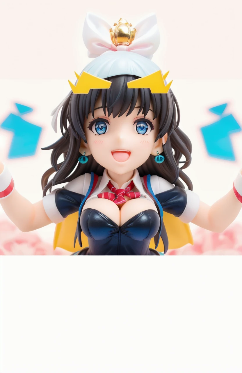 (masterpiece), (best quality), (ultra-detailed), photorealistic, (best illustration), (an extremely delicate and beautiful), 1girl, solo, riselia-fi, leaning forward, (huge breasts), depth of field, upper body, (blue eyes), hair ribbon, red ribbon, long hair,white shirt, blue jacket, collared shirt, blue skirt, black necktie, , (pov), smile, open mouth, happy, blush, bent over, from below, blue sky, bokeh, detailed scenery, skyscraper, upper teeth, earrings,