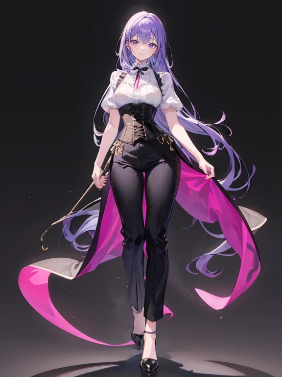 purple,long hair,woman,black vest,Shirt with rolled up sleeves,(corset),pants,high heels,Simple white background,smile,whole body,full body,full body,Standing picture,vtuber,upright,,Standing upright with face and body facing forward,