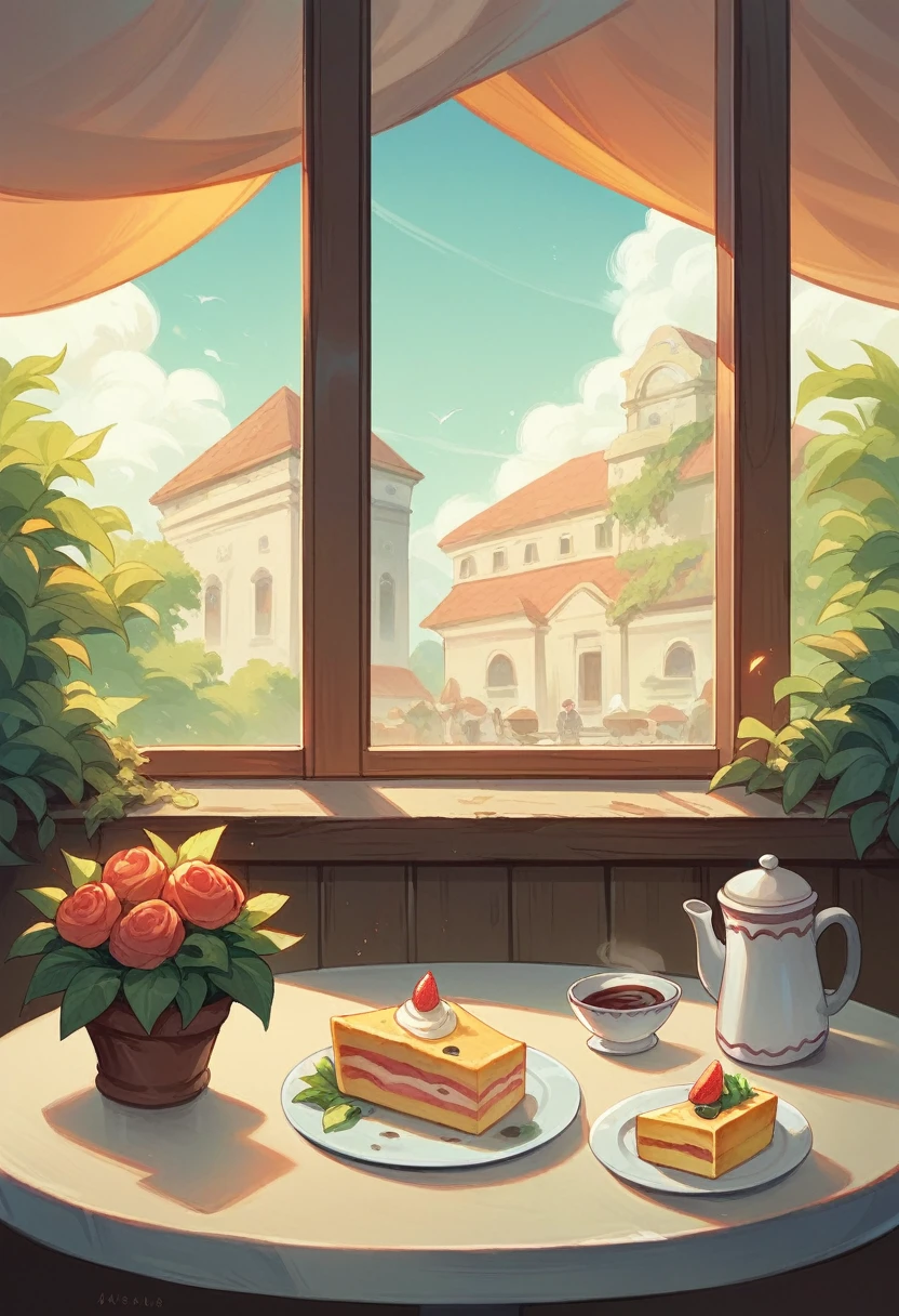 On a table in a restaurant there is a plate of spaghetti with sauce, cheese, Greek salad,a cup of coffee, cake, against the background outside the window nature sea