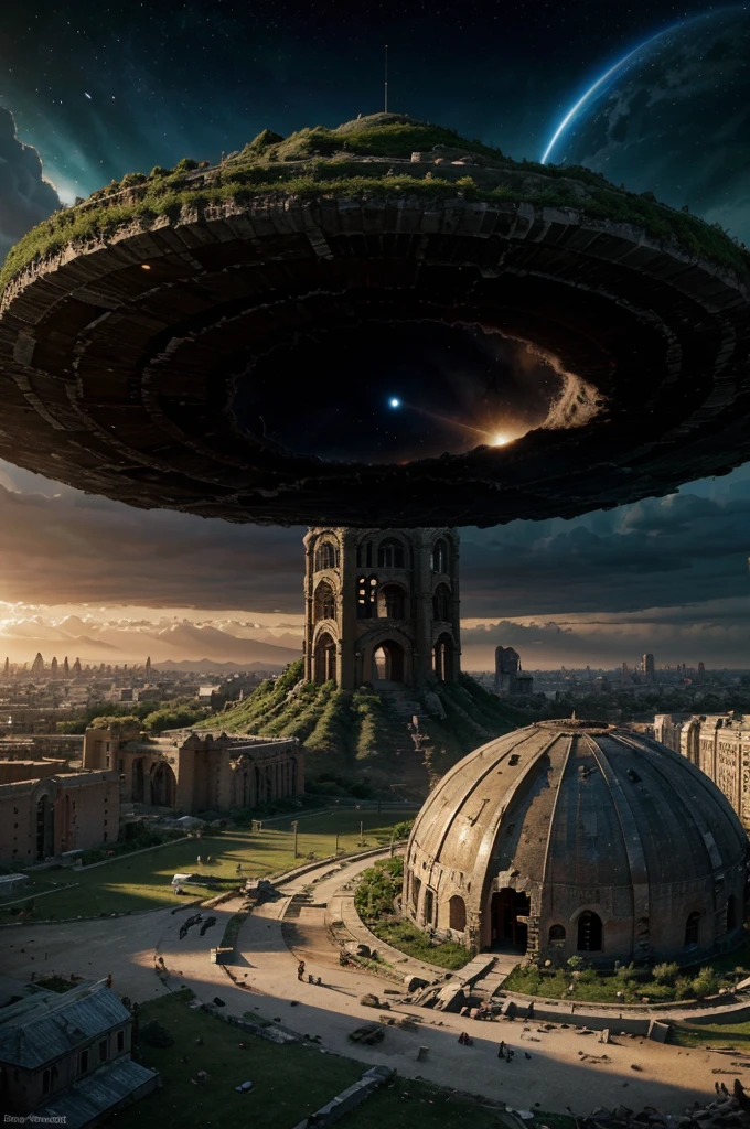 a giant wormhole in the sky releases half the earth destroyed along with the ruins of the kingdom's buildings falling towards the earth