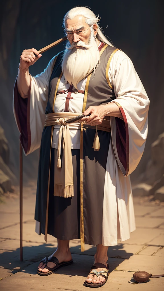Ancient Chinese thinker, thin old man, long white beard, thin hair, holding a thin cane in his hand, facing forward, speaking, Ghibli anime style