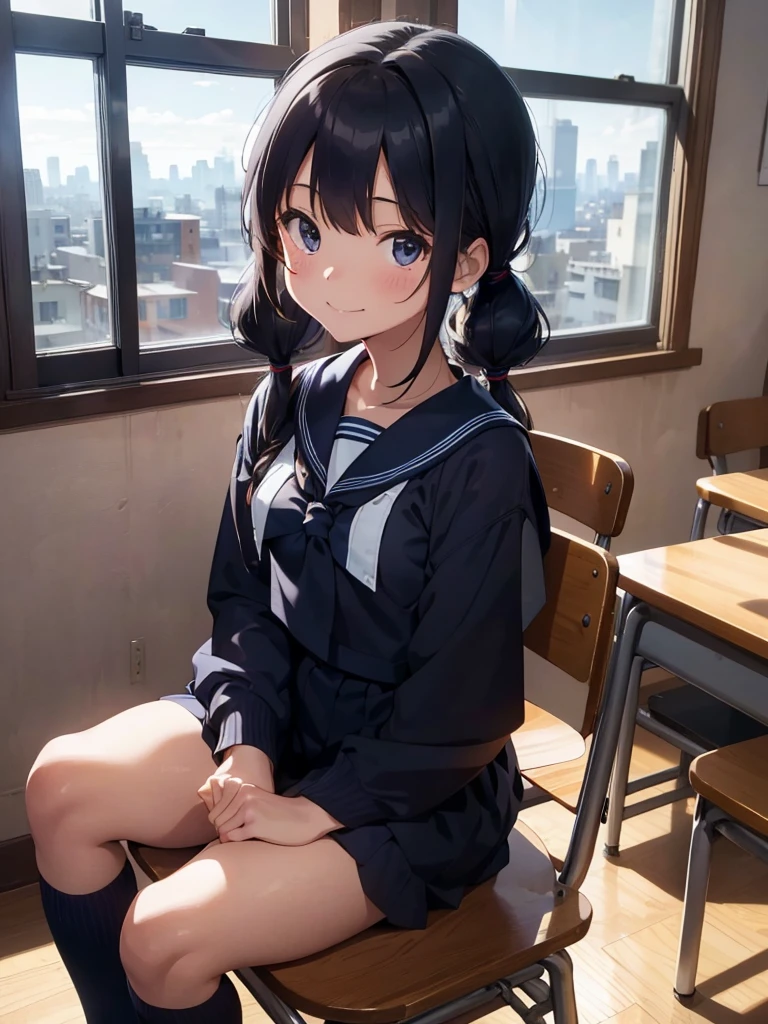Highest quality, Very detailed, masterpiece, One Girl, sit in a chair in the classroom, talk, Smile, 15yo, (low twintails:1.2), Low Pigtails, Black Hair, Long Hair, (Navy blue sailor suit:1.4), Blue ribbon, Long sleeve, School desk, School Chair, Evening Classroom, from the front, window, Cityscape from the top of the mountain, anime