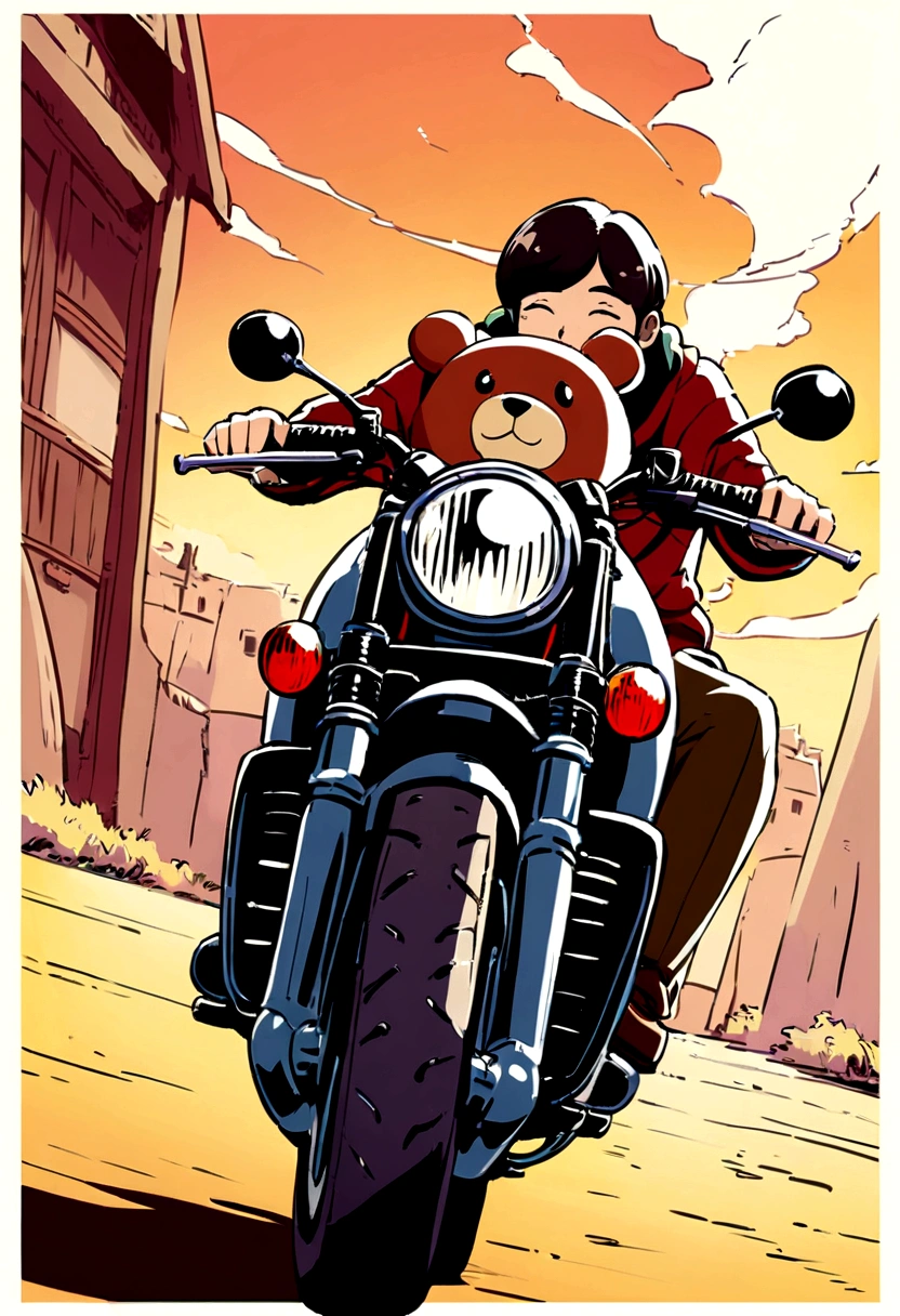 Ghibli studio style, a couple in love traveling around the earth on the Triumph motorbike. lovely couple, a small teddy clear on girlfriend hand. 