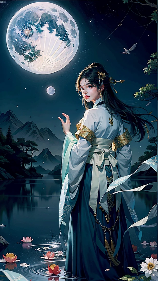 Official Art, Unity 8K wallpaper, Extremely detailed, beautiful and aesthetic, masterpiece, best quality, For the world,You may be alone,But for someone,You could be the whole world, paradox, Adrian Genius, Jenny Savile, Edward Hope, Surrealism, The Dark Arts of James Jean, Takato Yamamoto, 墨water朋克极简主义, fashion magazine, Editorial Photography, gufeng, moon, Tree, Solitary, water, flower, Branches, night, Black Hair, Back to, shawl, full moon, (1 Girl), in Tree, Long hair, Sky, sit, Chinese clothes, Hanfu, crescent moon, permanent, outdoor