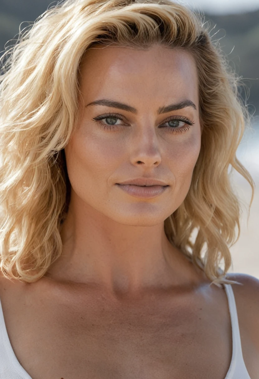  high quality   Erotic celebrity  photo , 40yo woman ( Magrot Robbie, vacation  side location  , photorealistic , celebrity , white  color curly  hair ,random click, she is wearing a wet tight rubber tank top , woman ) sunbathing , shiny sweaty skin , sexualized move, erotic angles, sweaty  flat breas,t celebrity erotic photograph  , fit muscular figure , shiny sweaty skin, on beach,  celebrity, female,  woman, hollywood actress , fleshy muscular woman  , ( natural lights, depth of field, detailed face , insanely detailed skin texture, hyper detailed features )