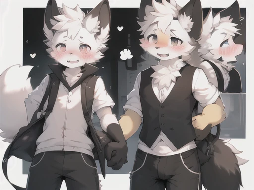 ，blush，Embrace，Couple，blush，Black fur，Pants bulge up the big bag，Handsome，Vest，shorts，cute，Shota，Kiss