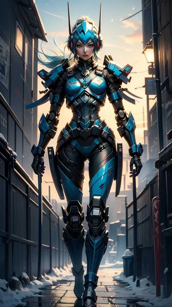 a drawing of a character in an orange mech armor standing on the sidewalk, weapon mechanical sword, solo, 1girl, Holster like helmet, blue glowing tech, winter scenery at rundown arctic base, ,cinematic lighting, ,mecha musume, robot, Holster, mecha, bodysuit, fortified suit, mechanical parts, robot joints, headgear, full armor, 