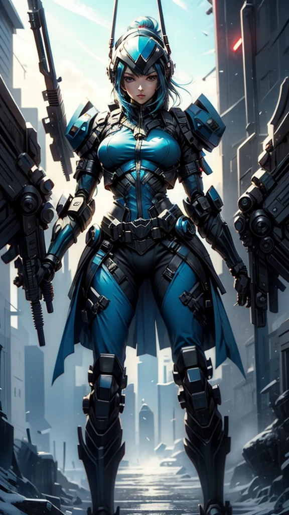 a drawing of a character in an orange mech armor standing on the sidewalk, weapon mechanical sword, solo, 1girl, Holster like helmet, blue glowing tech, winter scenery at rundown arctic base, ,cinematic lighting, ,mecha musume, robot, Holster, mecha, bodysuit, fortified suit, mechanical parts, robot joints, headgear, full armor,