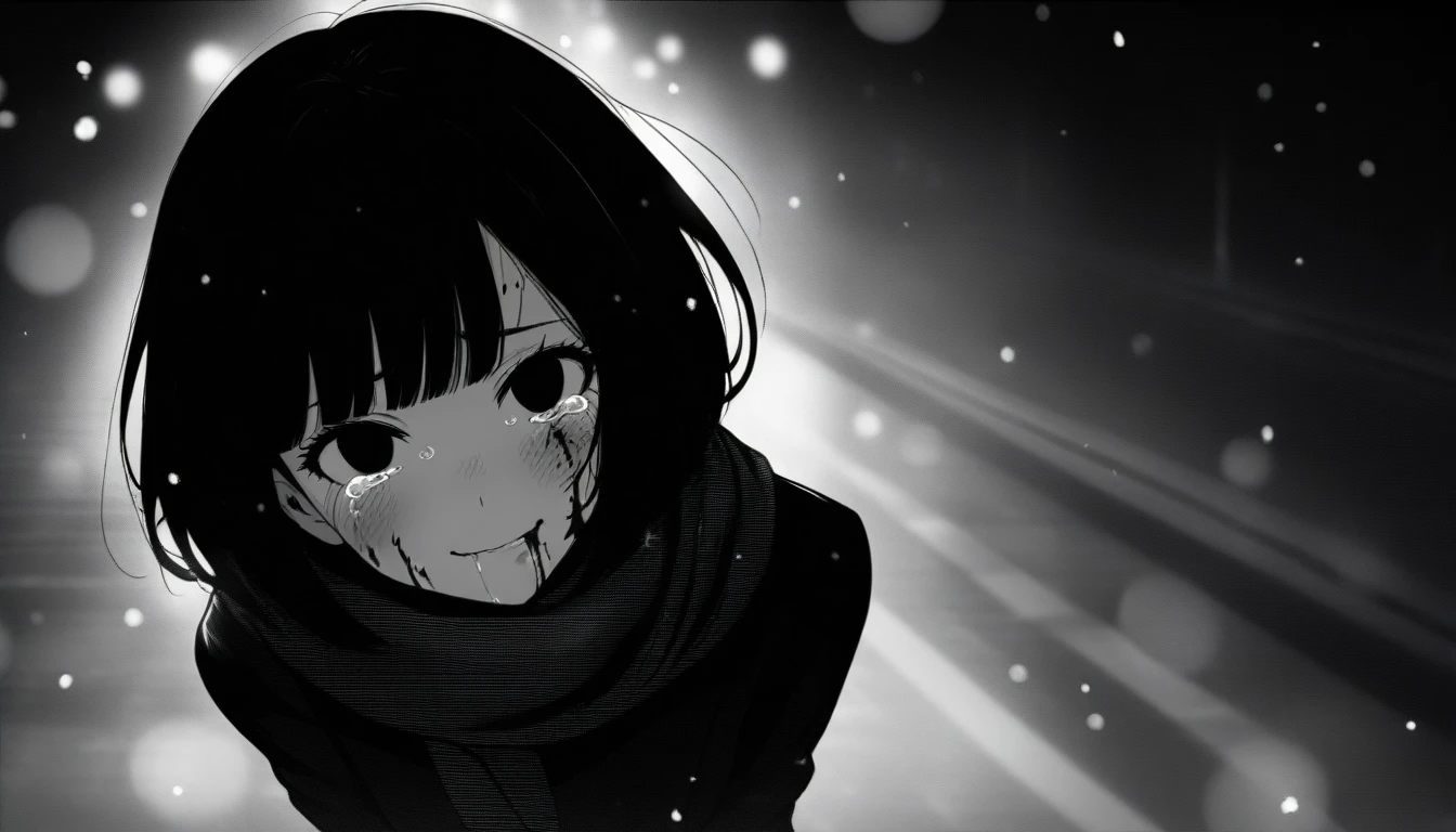 masterpiece, best quality, 1girl, momose_(oqo) official art, grayscale, manga style, japanese, chi no wadachi, black eyes, street, iced, black hair, schoolbag, smile, crying, tears, tears streaming, blood, blood_from_mouth, bruise, nosebleed, lineart, face against the ground, looking at viewer, blood on face, black coat, black scarf, 35 years old, mature_female:1, tall, fair skinned, bokeh background, streaming, bob cut, light particles, centered, snowing, emotional anime scene, (very aesthetic, best quality, ultra detailed), intricate details, red and blue lights flashing, camera glare, from above

