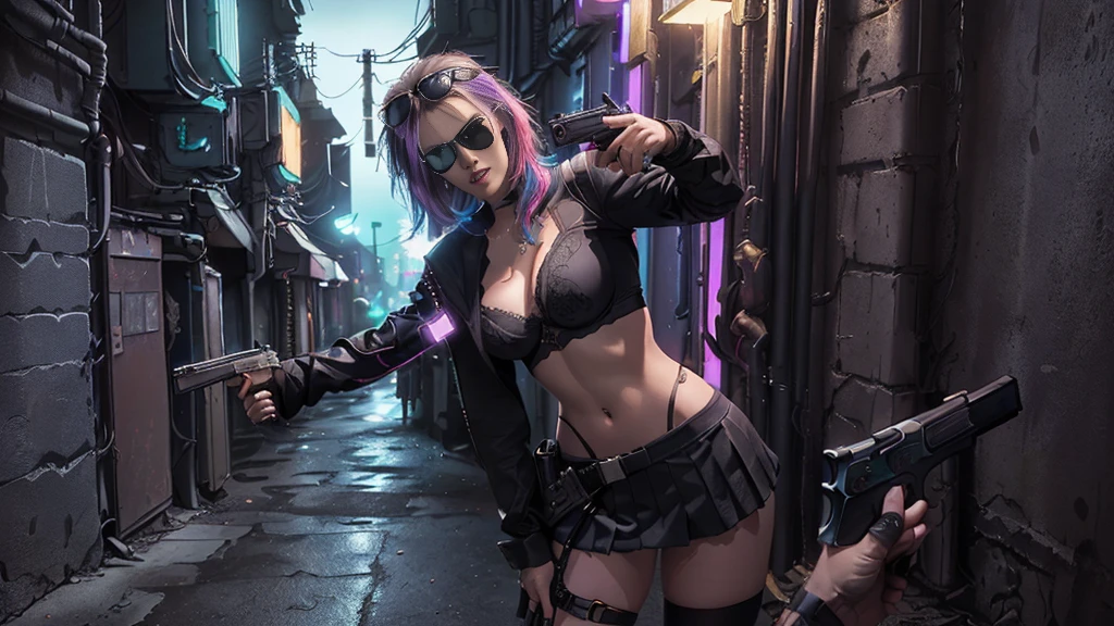 (Realistic:1.4) cyberpunk girl images, (highest quality, 8k, 32k, masterpiece) , (Dynamic pose), ((Front camera)), Cowboy Shot, Shapeless hair, Multicolored Hair, Colorful cyberpunk combat armor, Depth of written interface f/1.8, high angle view of Cyberpunk city (((((at night))))) as background. (((1girl, solo))), photo realistic, (medium-breast slim body, cleavage), (((full bra top, extreamly short pleated (((miniskirt))) exposing panty))), (((((matrix style black sunglasses))))), (((((((aiming at viewer with a (pistol), (looking at camera)))))))), (((((half-body (thigh level) medium shot))))), (cinematic lighting).