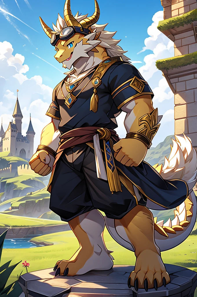 HD,noon,Blue sky,castle,grassland,Single player,Western dragon animal humanoid,hairy,young age,Cute face,Strong body,Male image,Full body standing,Short hair details,Western faucet,Golden dragon horn,Blonde Facial Hair,White jaw hair,Golden back fur,White belly hair,White mane extends from the top of the head to the tail,Thick and long dragon tail,White hair on the tip of the tail,Golden Arm,Golden paws,Left fist,Lightning is attached to the left fist,The right hand naturally droops,Limbs are dragon claws,4 Gold Fingers,4 golden toes,Pink pads on the palms and soles,,Lift one foot,Exposing the soles of the feet,Look to the left,A happy expression with the tongue sticking out slightly,Blue Eyes ,Pure and lovely eyes,Medieval style costumes,Black top,Black rubber shorts,Silver Sapphire Necklace,Wear goggles on your head,Standing。