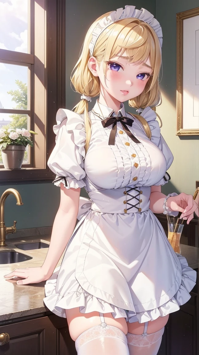 1 girl, natural light, Masterpiece, Highly detailed, illustration, CG game, nonsense, High quality, Beautifully detailed eyes, glossy lips, natural light, Medium bust, blonde hair, Low Twintails, smooth, hair between the eyes, Idol Catalyst, Ahiyori, maid, puffy short sleeves, white thigh highs, small maid apron, short hair,giant breasts