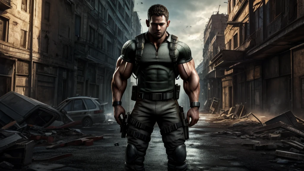 Chris Redfield resident evil, Muscular, nice abs and biceps, nice crotch bulge, UHD HDR, full body shot in ruined city background in Landscape mode,