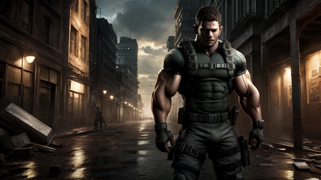 Chris Redfield resident evil, Muscular, nice abs and biceps, nice crotch bulge, UHD HDR, full body shot in ruined city background in Landscape mode,