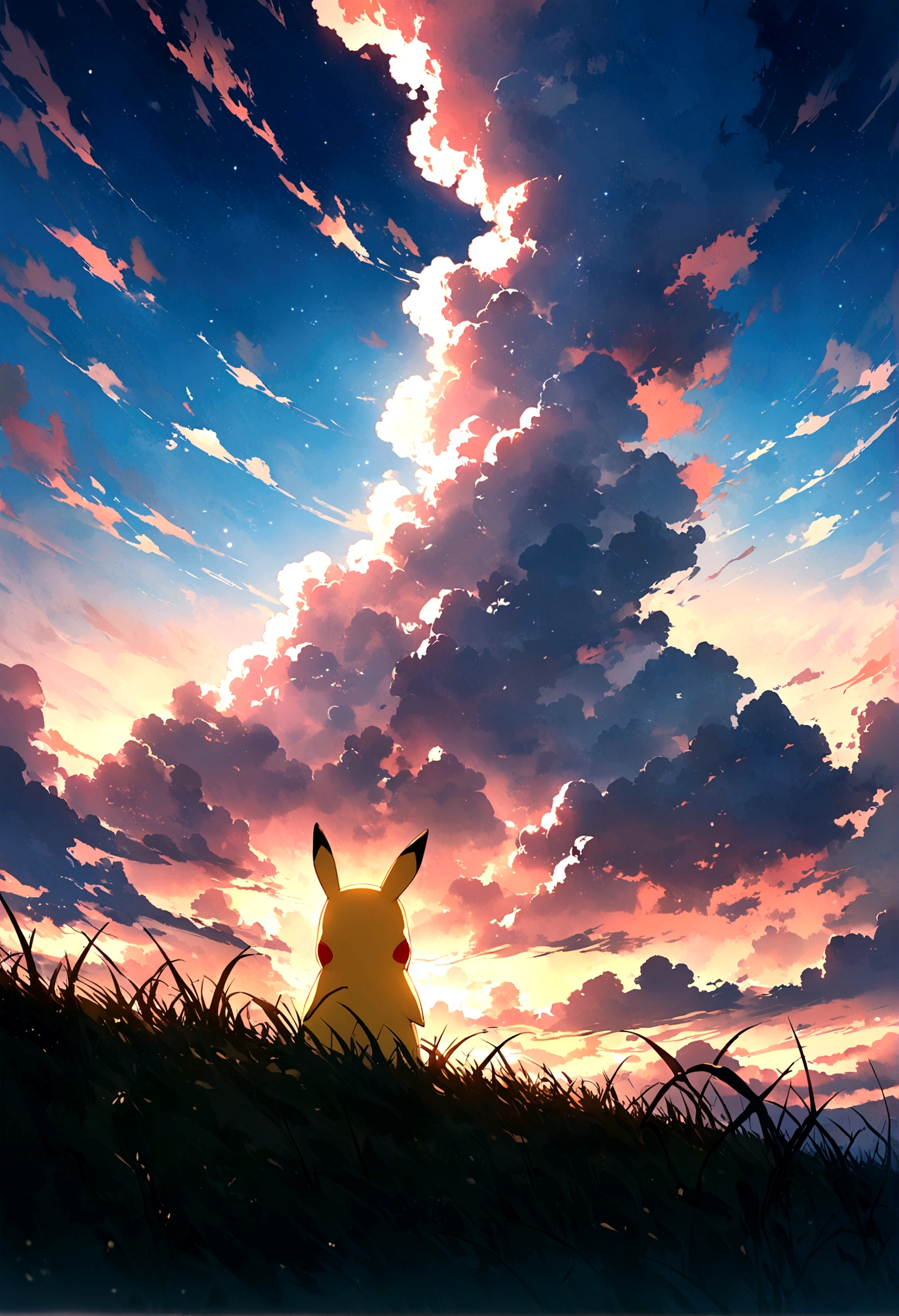 Very beautiful sky　Pikachu is facing away from the grassland and looking up at the sky