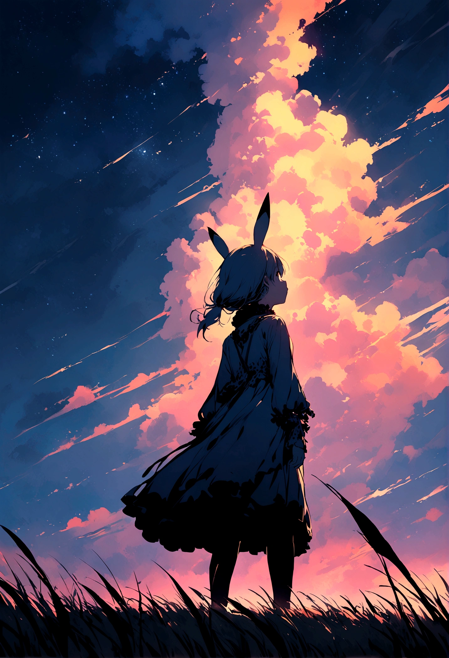 Very beautiful sky Pikachu is facing away from the grassland and looking up at the sky