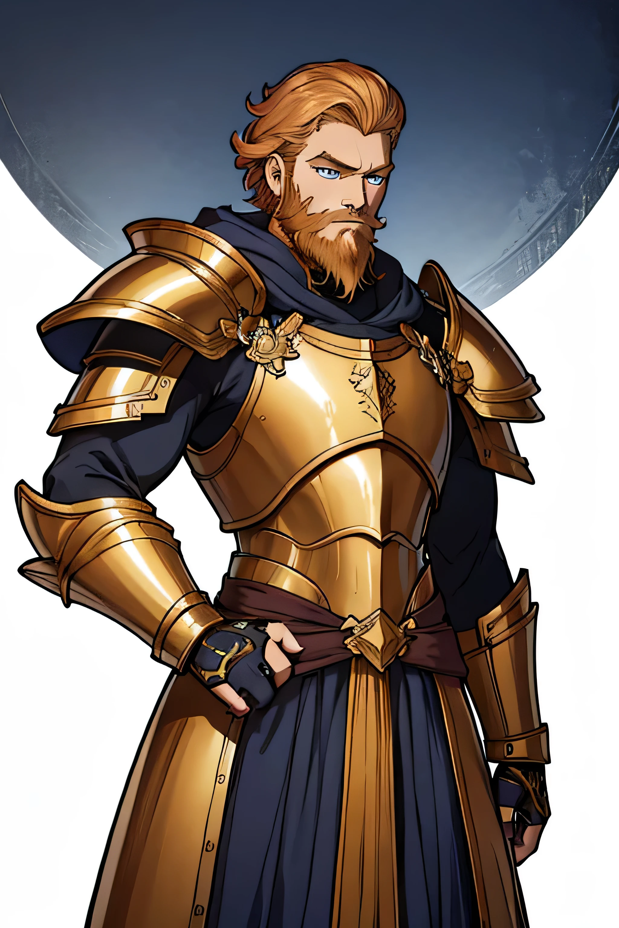 : Man, athletic, beautiful, 8k, masterpiece, plate armor, strawberry blonde hair, blue eyes, beard, middle-aged, stocky, gold plated armor, handsome, best quality, hi-res, hi-resolution,