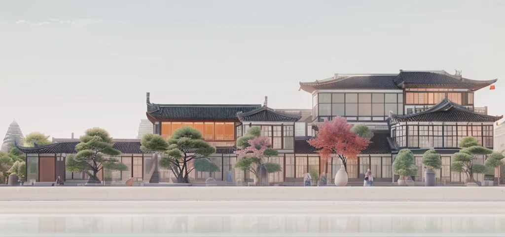 Highest quality，Chinese Ink Painting，antiquity,Urban antiquity architecture，Rectangular architecture，People view，Glass facades，Clean sky，Clean glass，Trees，Soft sunlight，Decorative Arts，Sloped roof，Best quality,Architectural Photography,Photorealism,Hyperrealism,Ultra Detailed，V-ray，（architectural design），There is sunset余晖，There is sunset